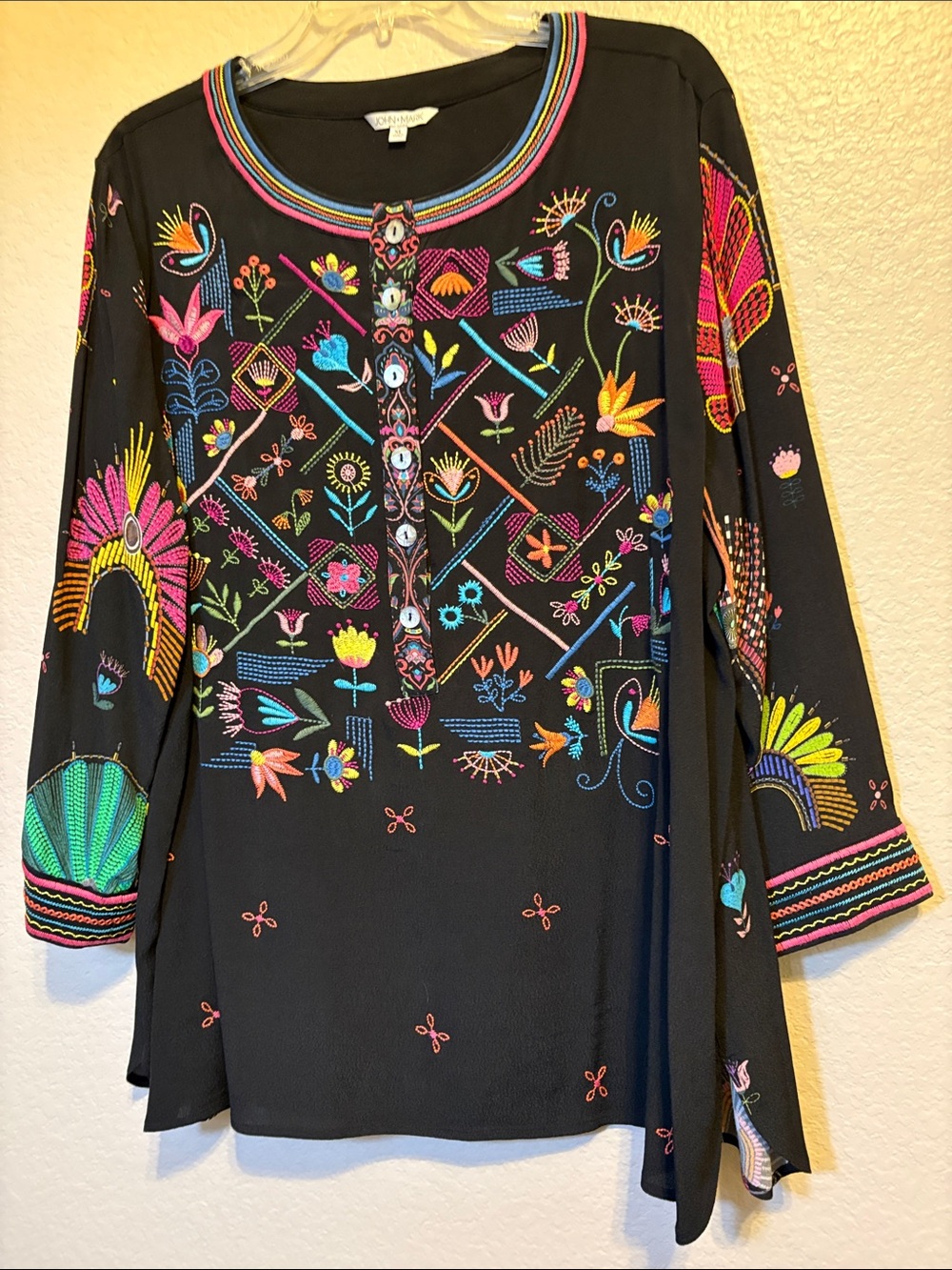 John Mark Black Tunic with Multicolor Floral Embroidery
